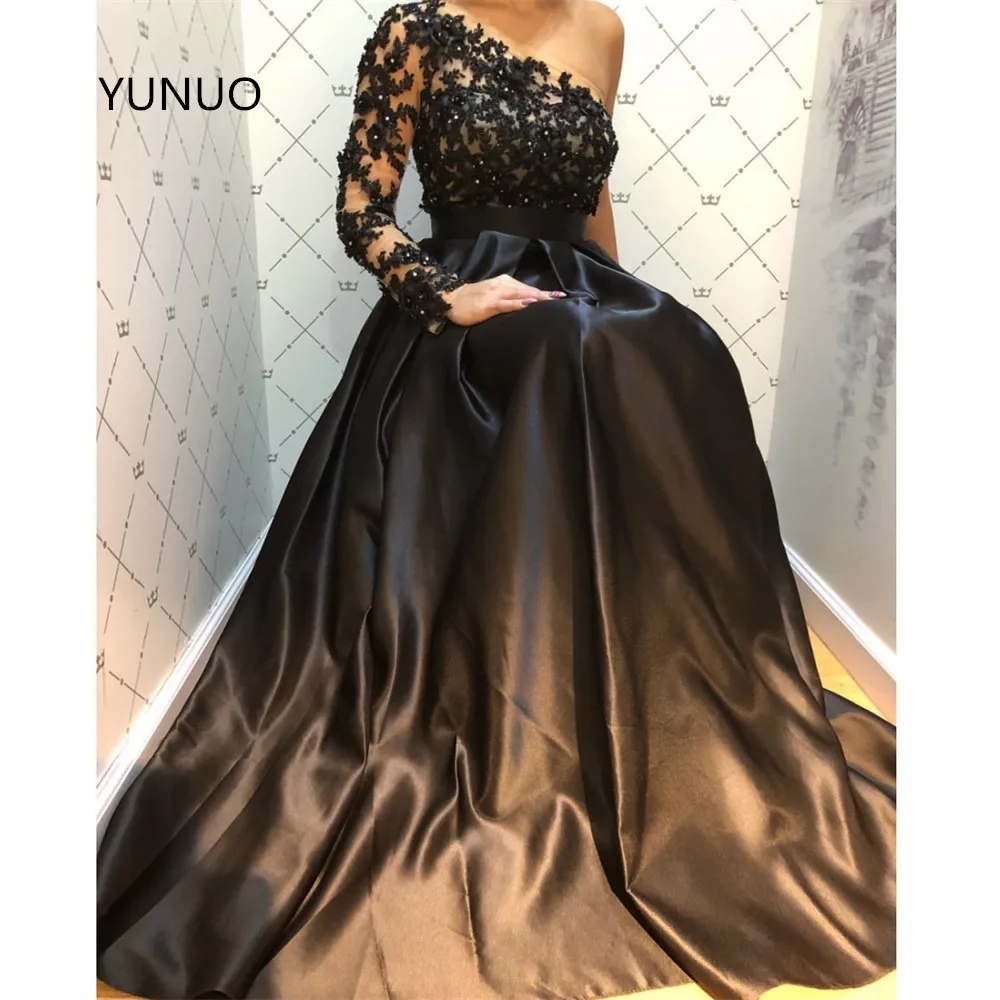 YUNUO черное официальное вечернее платье на одно плечо сексуальное ТРАПЕЦИЕВИДНОЕ