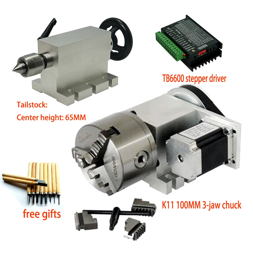 

CNC rotary axis 3 jaw Chuck 100mm CNC 4th axis A aixs, rotary axis 65MM Tailstock Two phase 57 stepper motor for Mini CNC router