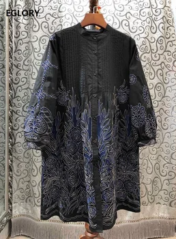 

High Quality Cotton Dress 2020 Spring Style Women Exquisite Embroidery Long Sleeve Tunic Buttons Casual Long Shirt Dress Loose