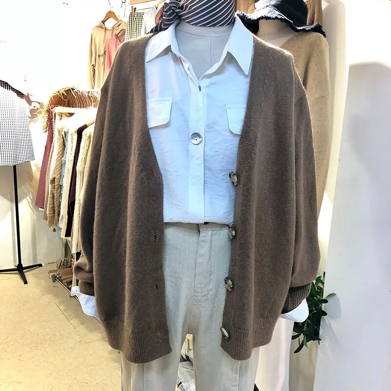 

2019 Autumn Sweater New Women Loose V Collar Buckle Long-sleeved Knitted Cardigan Sweater Coat V-Neck Cardigans Women Sweater