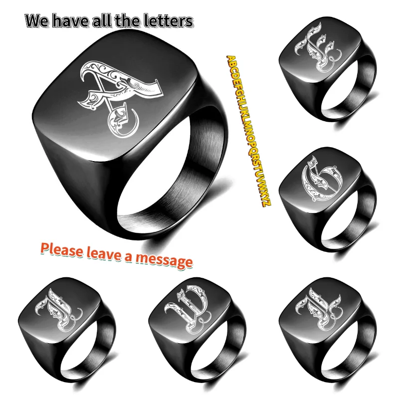 Fashion Initials capital Men Women's finger ring Stamps Official Seal Stainless steel Black band Hoop Custom rings Jewelry Gifts 250pcs rubber o ring set gaskets seal nitrile rubber bands high pressure o rings repair kit sealing elastic band washer set