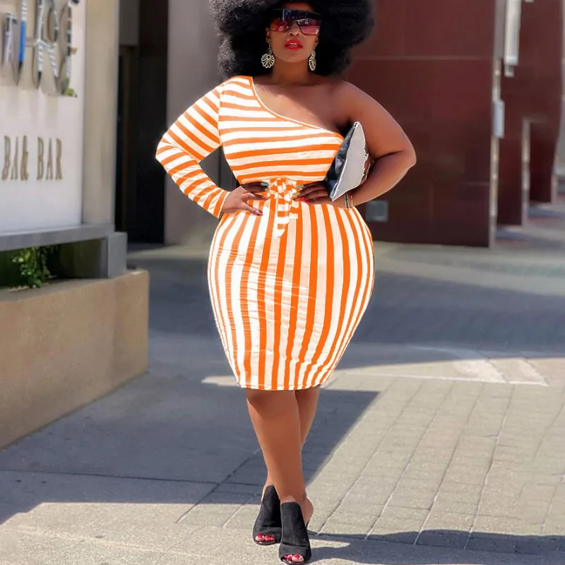 Fashion 4xl 5xl Plus Size Dresses Bodycon Women Clothing Sexy Striped One-shoulder Party Dress Knee Length Vestidos Wholesale