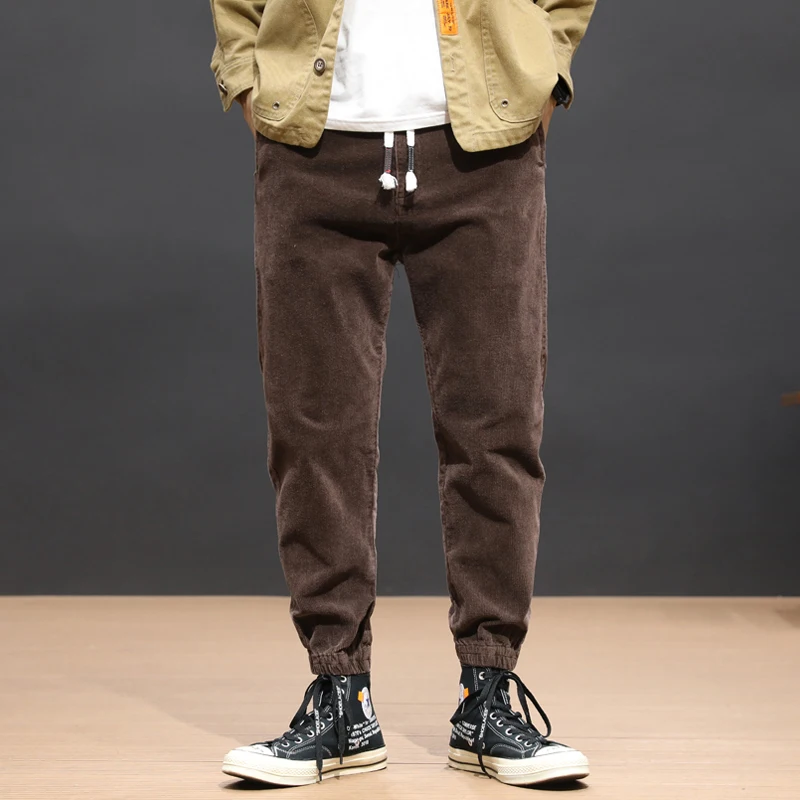 Popular Autumn Fashion Men Jeans Loose Fit Casual Corduroy Cargo Pants Elastic Harem Trousers Blue Coffee Color Hip Hop Jeans Men Jogger