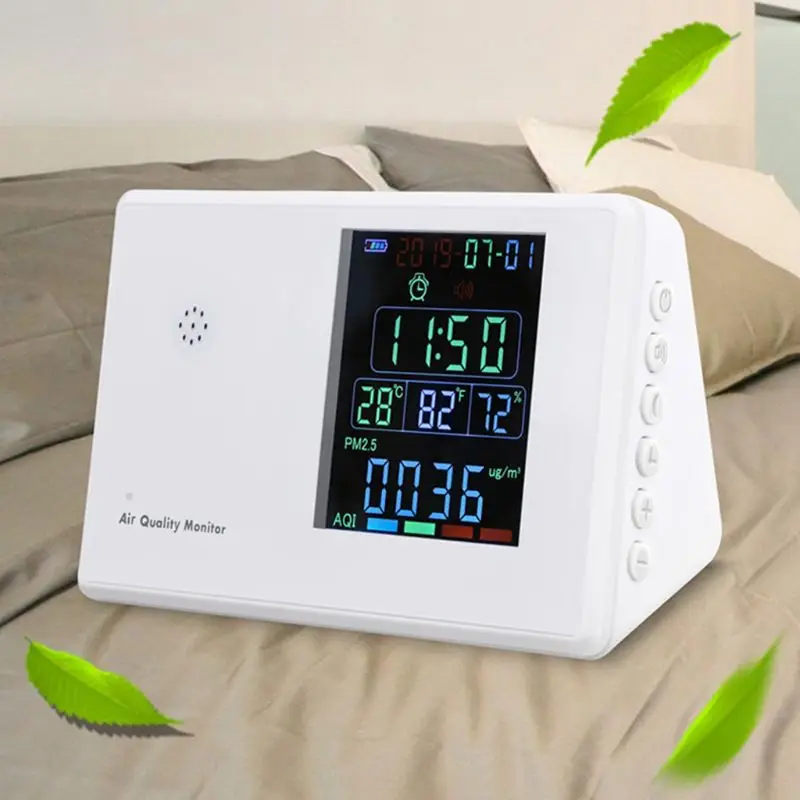 

OOTDTY Air Quality Monitor PM2.5 CO2 HCHO TVOC CO2 AQI Detector Gas Analyzer With Clock High Quality 63HF