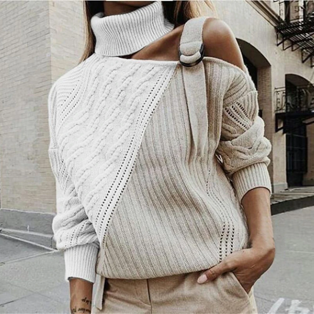 

Sweater Jumper Tops Women Patchwork Turtleneck Sexy Knitwear Autumn Winter Long Sleeve Off Shoulder Buckle Knitted Pullover