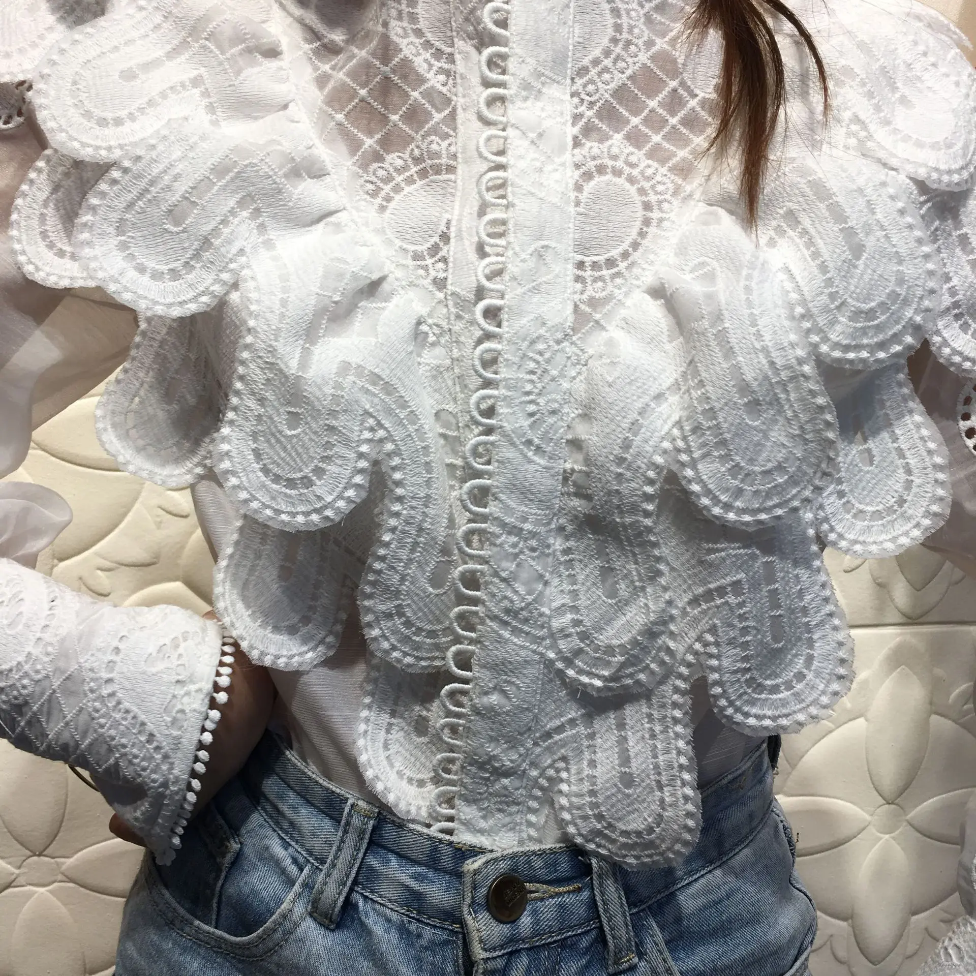 2020 Высококачественная женская блузка рубашка с рукавами фонариками и оборками