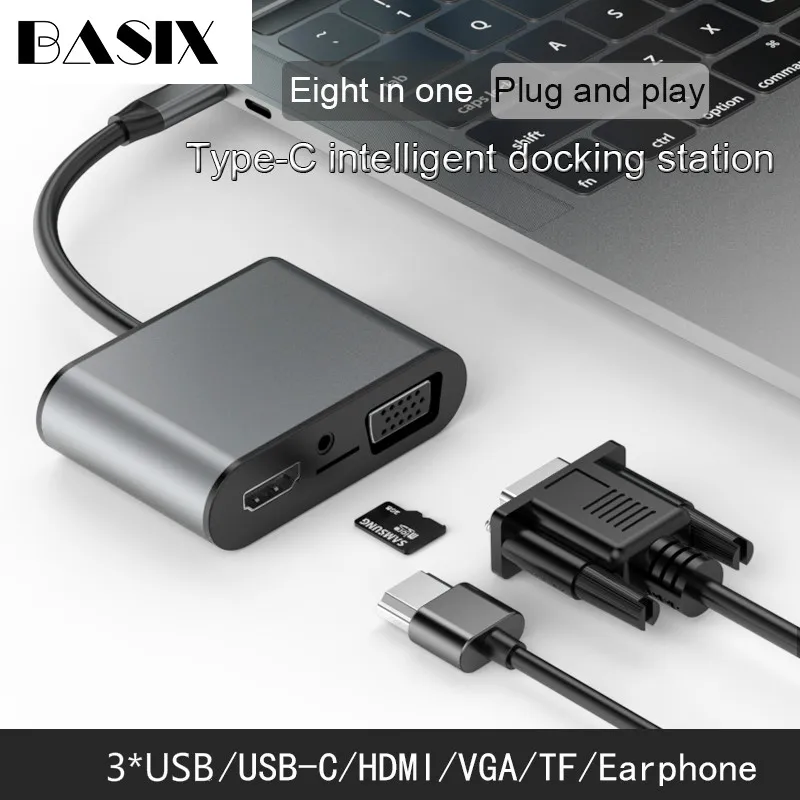 Basix USB C концентратор USB-C к HDMI VGA адаптер Thunderbolt 3 тип-c PD TF 3,5 мм считыватель слот USB3.0 концентратор для MacBookPro huawei P20 Pro