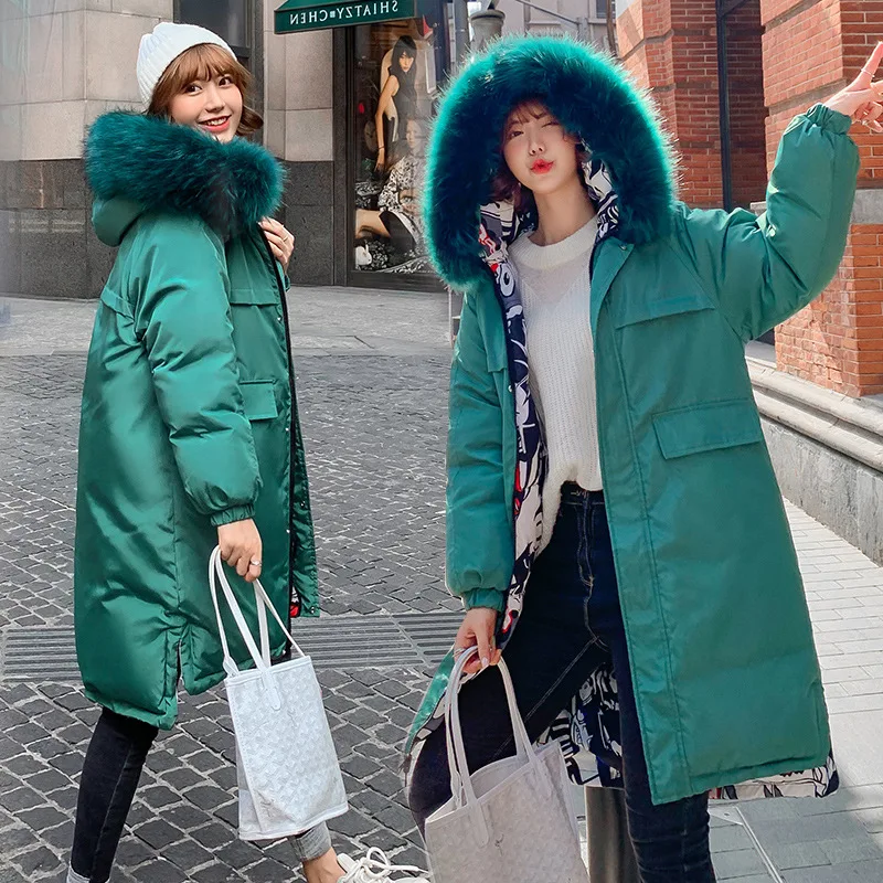 

Reversible Large Fur Collar Cotton Coat Women's 2019 Winter New Style Warm Loose-Fit Mid-length down Feather Cotton-padded Cloth