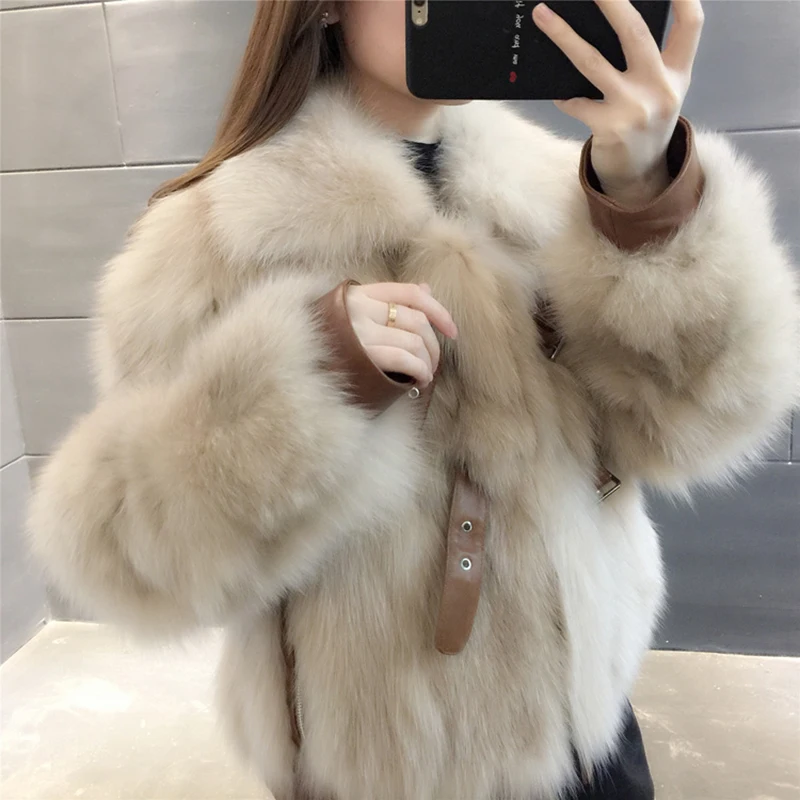 Женское зимнее пальто из натурального меха, новинка, модный стиль, Лисий мех, отложной воротник, короткий размер, для офиса, Женское пальто