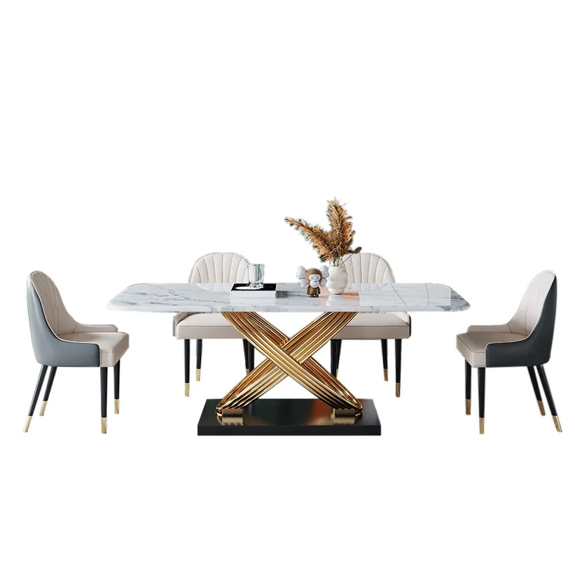 

Marble dining table chair combination small household simple modern home rectangular living room rock slab table combination