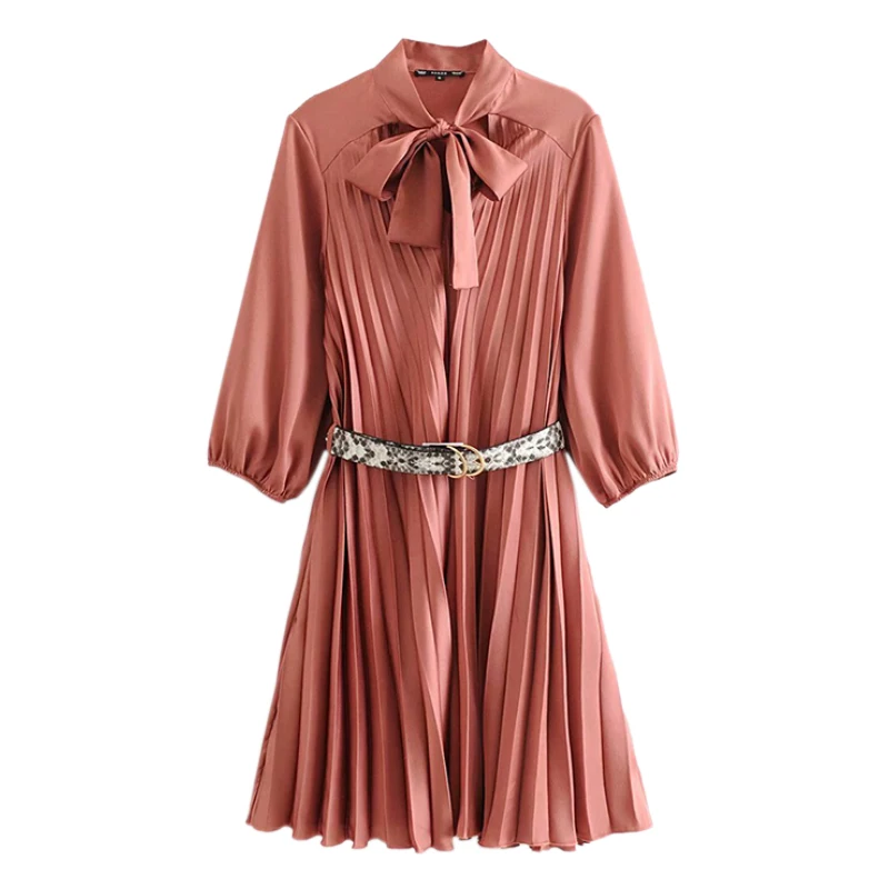 Women Bow Tie Collar Snake Print Belt Design Three Quarter Sleeve Elegant Office Wear Casual Dresses FFZYQ551 | Женская одежда