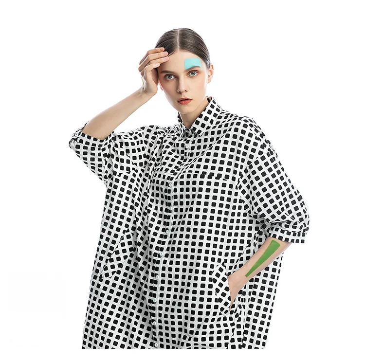 IRINAFC31 FW Collection casual long oversized black white plaid shirt women dress