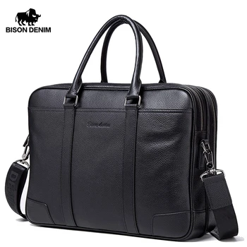 

Bison Denim Large Capacity Genuine Leather Men Bag Laptop Briefcase Double Zipper Messenger Bags Cowhide Male Shoulder Bag