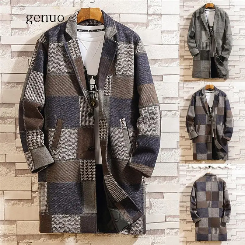 

Genuo New Men's Coat Wool Coat Warm Autumn Winter Casual Plaid Turn-down Collar Smart Casual High Quality Windproof Overcoat