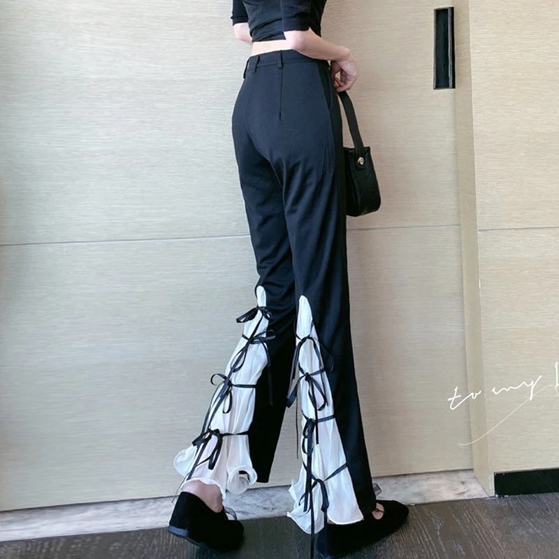 

ZOSOL 2020 New Style Design Sense Bell-bottom Pants Chiffon Stitching Strap High Waist Casual Pants All-match Trousers for Women