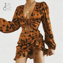 Justchicc, сексуальное платье с длинным рукавом, с принтом, с оборками, женское, леопардовое, с глубоким v-образным вырезом, Бандажное, мини-платье, тонкое, женское, Клубное, Vestidos