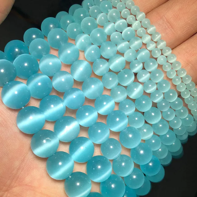 JHNBY Mixed Colors Cat's Eye opal Natural Stone 4/6/8/10/12MM Spacer glass Loose beads for Jewelry making DIY bracelets Findings Light lake blue