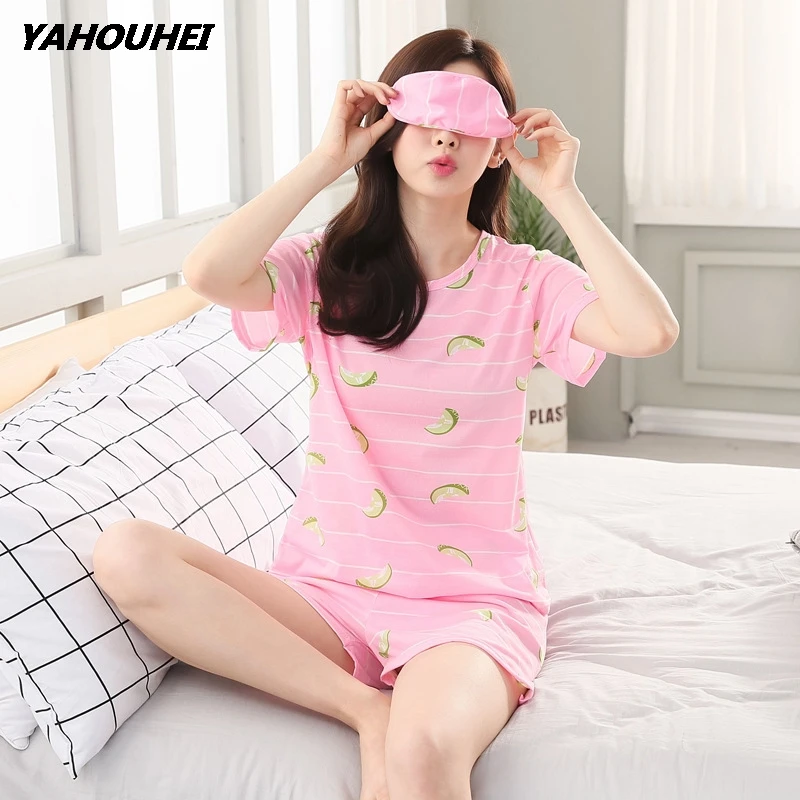 qinggua pink Футболка с рисунком животных и шорты, пижамный комплект, женская одежда для сна с круглым вырезом и коротким рукавом, летняя повседневная одежда для сна - Цвет: qinggua pink