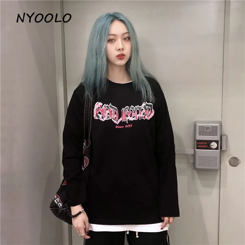 NYOOLO Harajuku стиль градиентная Готическая футболка с буквенным принтом Осенняя уличная одежда с длинным рукавом o-образным вырезом Мужская и женская одежда Топ