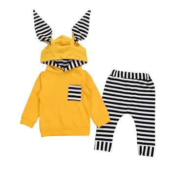 

Infant Baby Boys Girls 3D Bunny Ear Striped Hooded T shirt Long Sleeve Tops+Pants Clothes Cute Fashion Set With New Brand