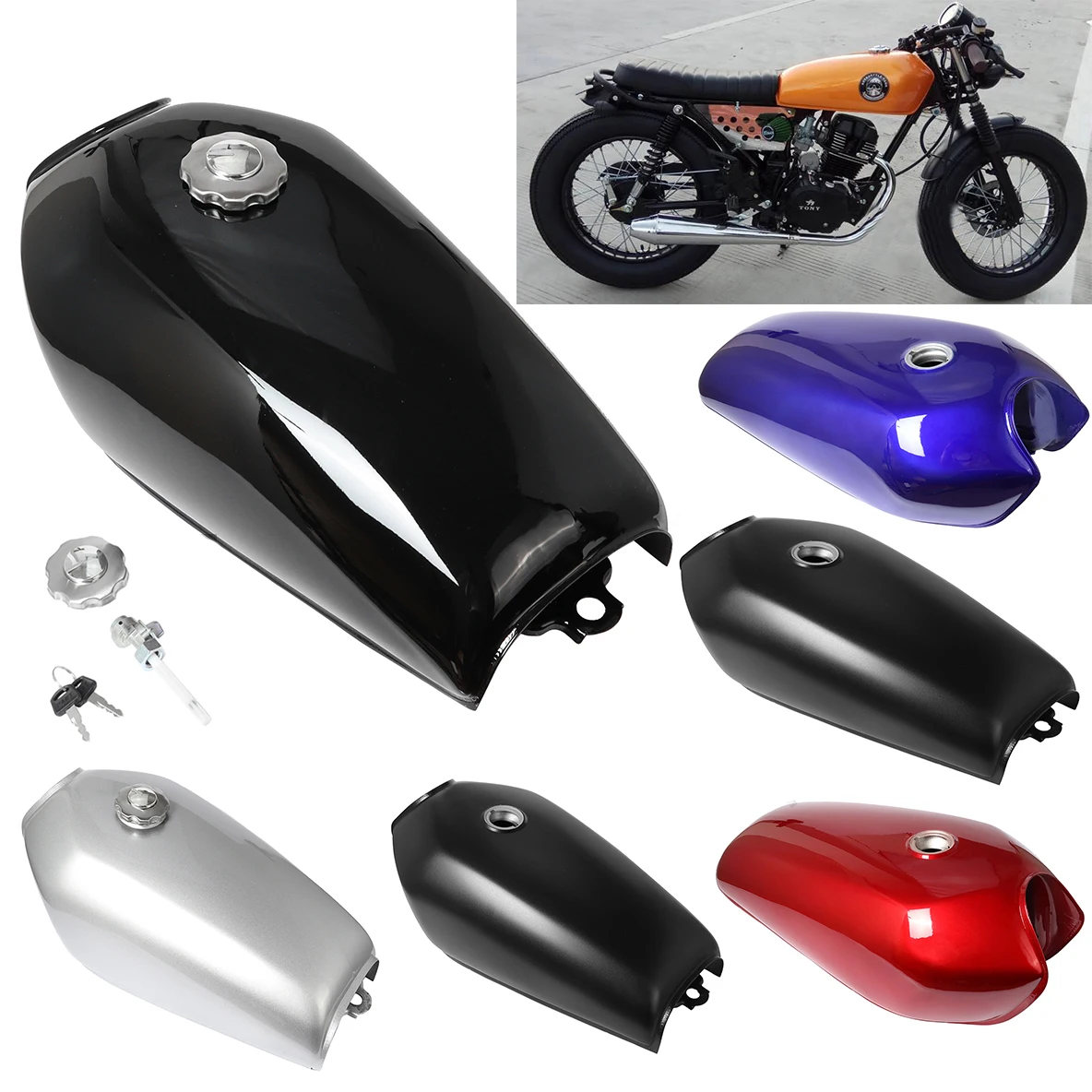 4 Colors 2.4 Gallon 9L Motorcycle Fuel Gas Tank Cap Kit for Honda CG125 Racer Universal White Motorcycle Fuel Gas Tank US STOCK 