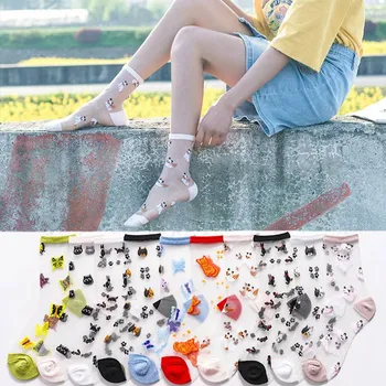 

Spring Summer New Glass Silk Socks Women Cute Animal Japanese Style Socks Ultra-thin Transparent Embroidery Socks As A Gift