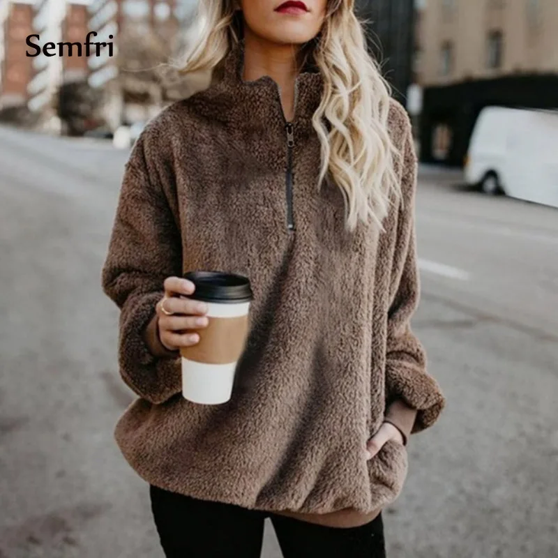 Semfri, женская зимняя толстовка, куртка, женское флисовое пальто, полумолния, негабаритный, спереди, с капюшоном, драпированные карманы,, свободные топы