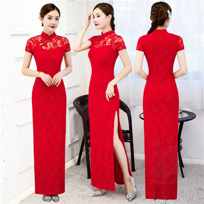 Women Cheongsam Short-sleeve Long Dress Costumes S To 5XL chinese dress