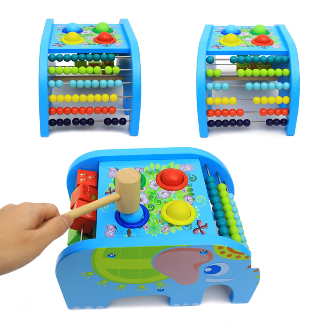  Children Wooden Elephant Knocking Table Multifunctional Abacus Flip Early science Development Toy F