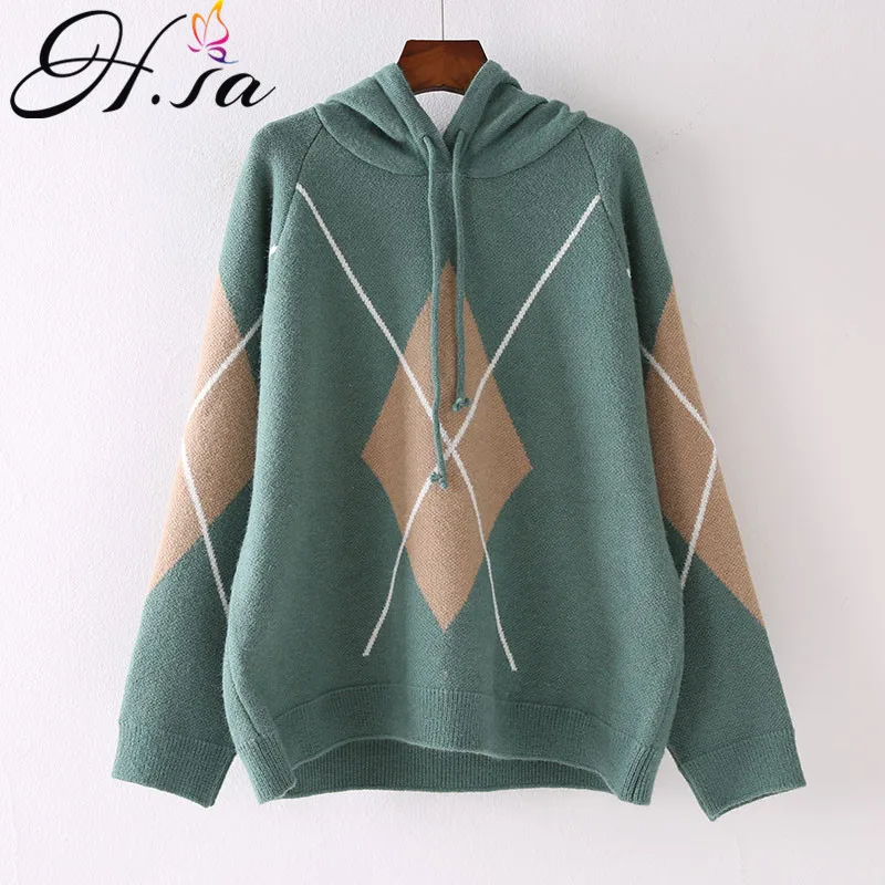 

H.SA Women Winter Hooded Sweater and Pullovers Geometric Pullovers Long Sleeve Oversized Winter Pull Jumpers Korean Tops 2019