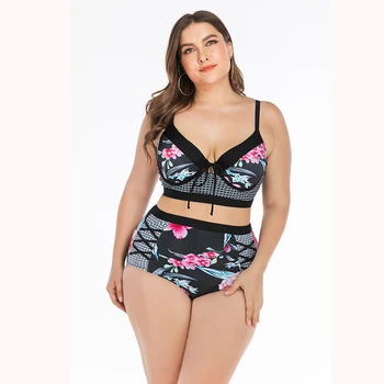 

Plus large size split bikini print swimsuit women's high help Monokini large size swimsuit sexy big breasts swimsuit 2019