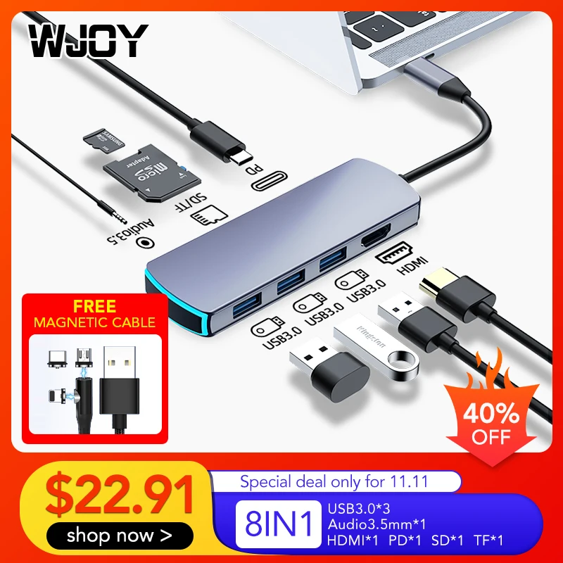 WJOY usb хаб Тип C док станция USB 3 0 HDMI SD слот для TF 5 мм Jack PD Microsoft Surface Go/Mac Pro|Док-станции