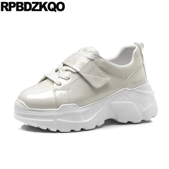 

patent leather genuine shoes women platform round toe beige black european 2019 wedge pumps 3 inch high heels luxury size 4 34