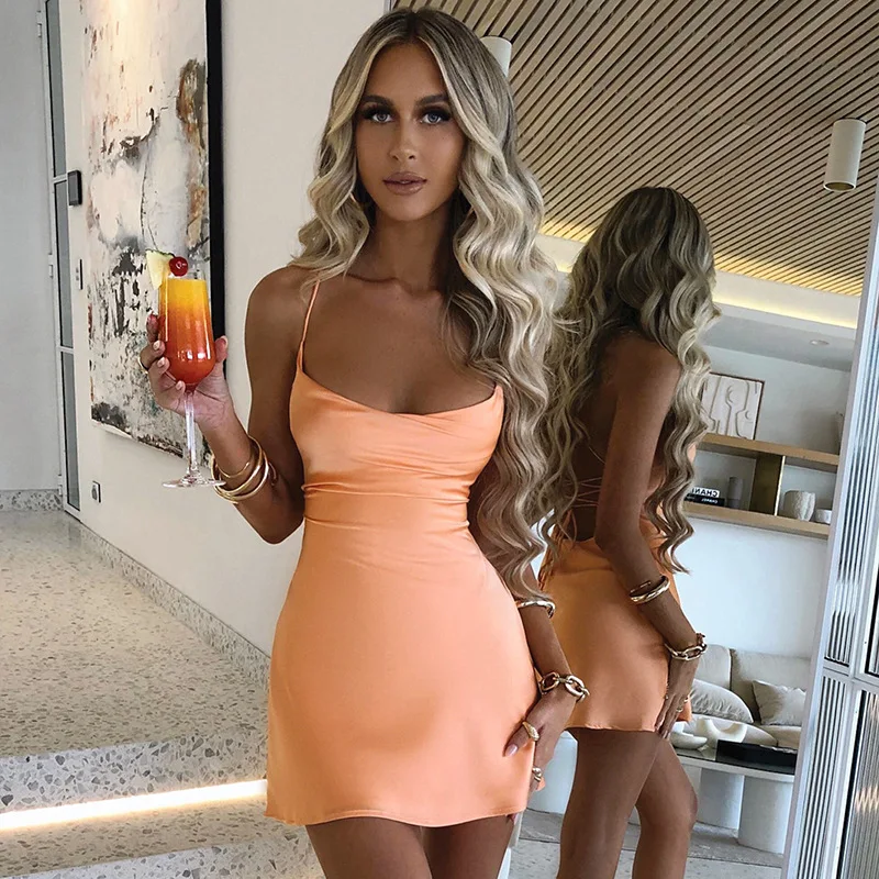 Spaghetti Straps Mini Satin Dress for Women Summer Backless Low Cut Bandage Sexy Cami Dresses Women's Party Club Wear Sundresses formal dresses