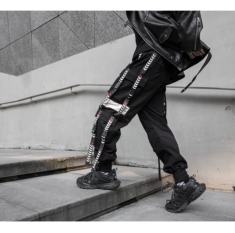Новые уличные повседневные темные стильные мужские брюки-карго с карманами и лентами в стиле хип-хоп, спортивные брюки, модные длинные брюки-карандаш