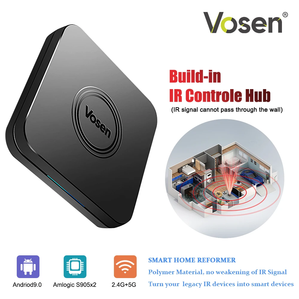 

VOSEN Android 9.0 2GB+16GB Quad Core DDR4, Smart TV Box 4K HDR Support Z-Wave Protocol(not Include Dongle)Built in IR Blaster