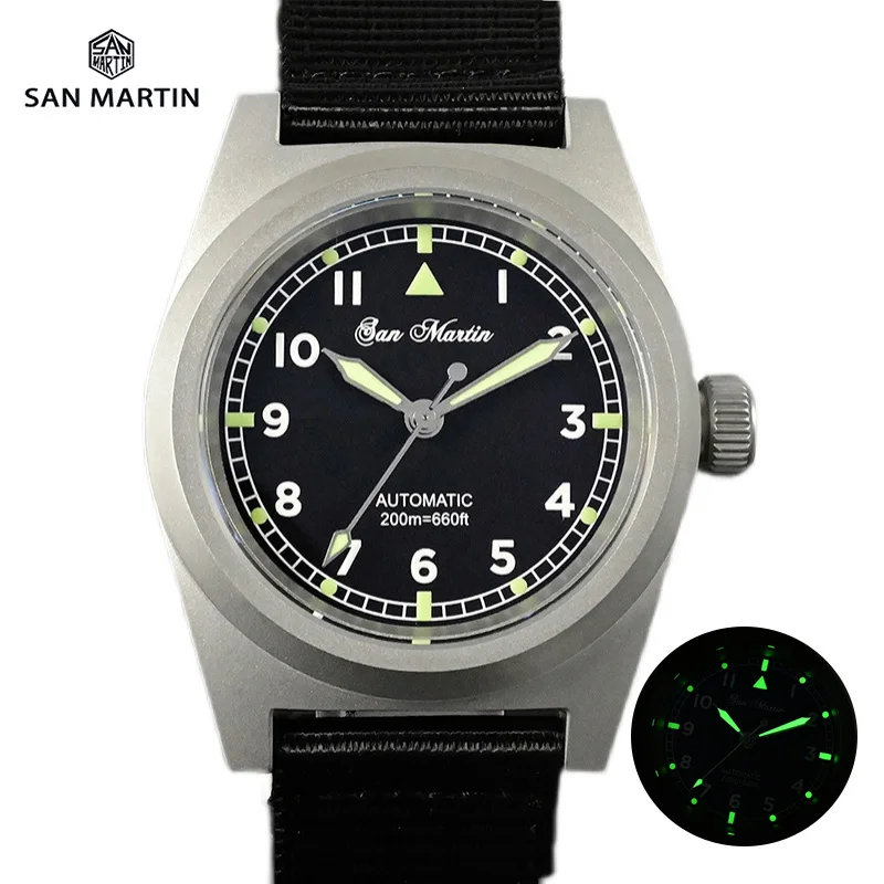 San Martin Pilot Vintage Military Watch 38Mm Yn55 Orologi Meccanici Automatici Da Uomo C3 Luminoso 20Bar Cinturino In Nylon Impermeabile
