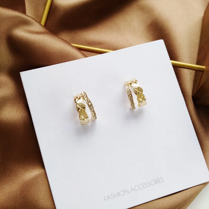 Gold Stud Earrings Cute Korean Japan Trendy Style Zircon Plaid ll-match Elegant Earings for Women Gift 2020 New Fashion Jewelry | Украшения