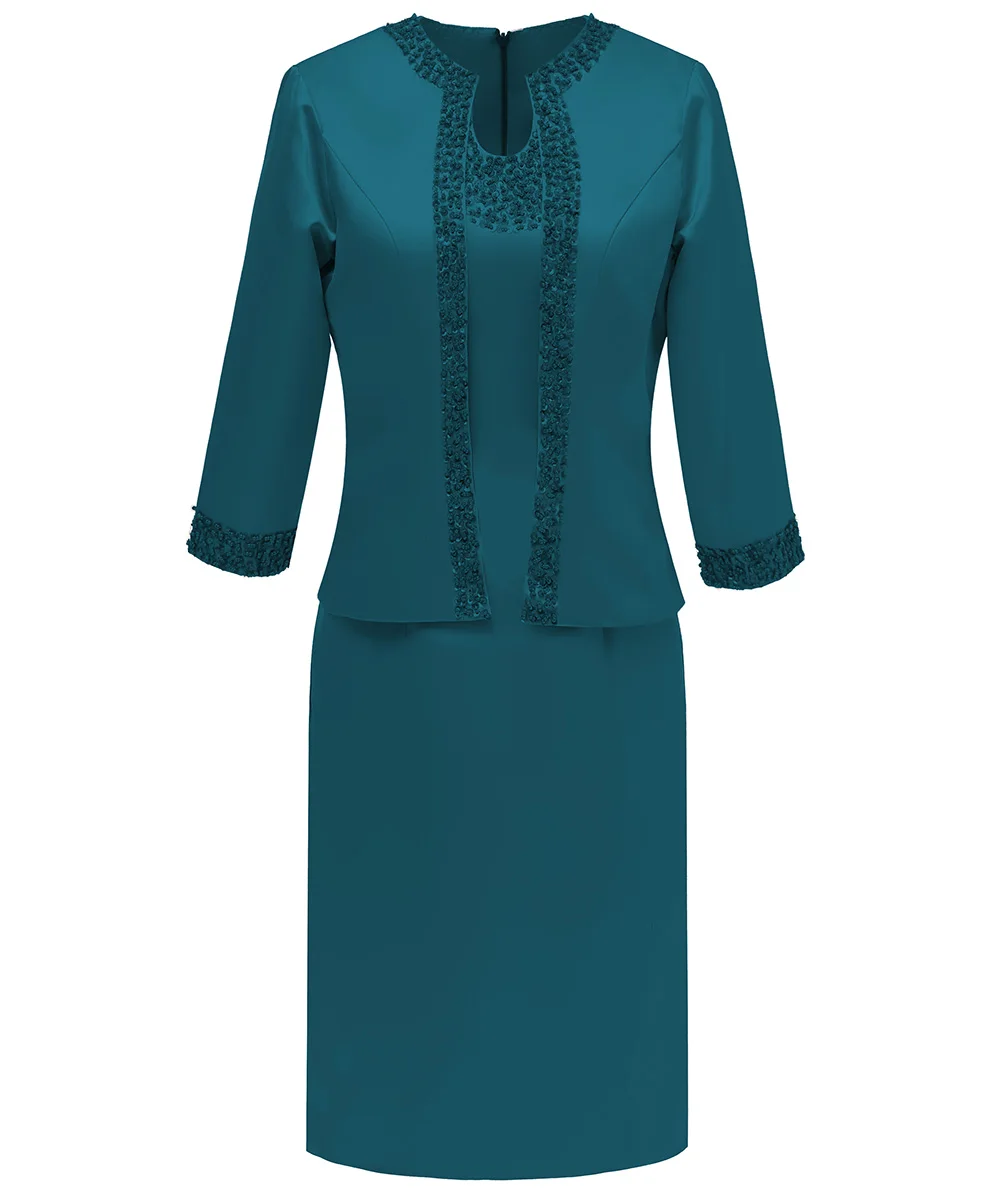 Teal Beades, рукав три четверти, атласное официальное короткое платье для матери невесты с жакетом для свадебной вечеринки, vestido de festa SLM-M07 - Цвет: Teal