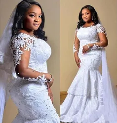 African Mermaid Wedding Dresses 2021 Sheer Neck Applique Long Sleeves Plus Size Pearls Bridal Party Gown Vestidos De Novia