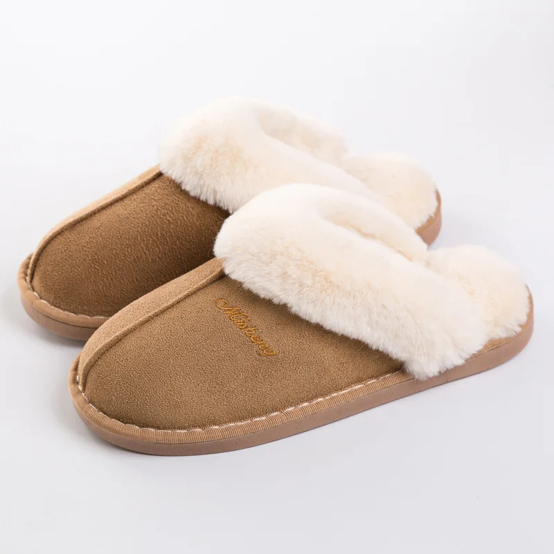 Women Furry Slippers Winter House Fur Women Slippers Faux Suede Upper Warm Plush Couples Cotton Casual Shoes Indoor Non-slip