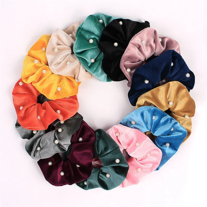 

Women Elegant Simulated-pearls Soft Velvet Big Hair Scrunchies Solid Multi Color Hair Gums Elastic Rubber Bands Hair Holder