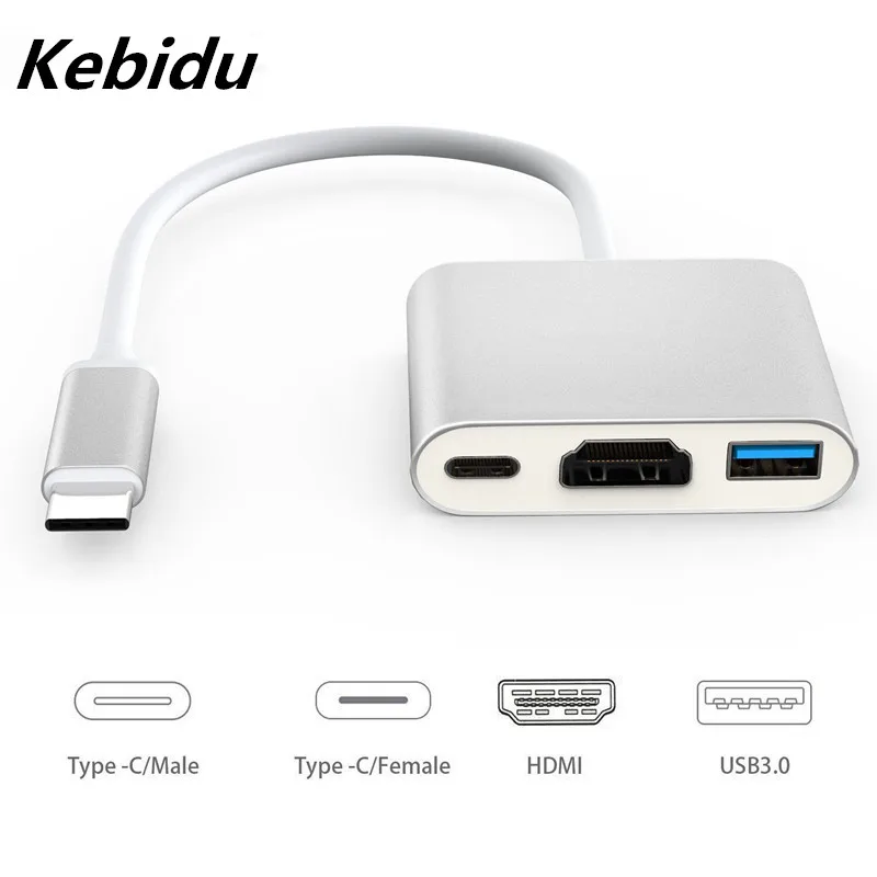 Kebidu Usb tipo C Hub Adaptador 3 en 1 USB C hub a HDMI USB3.0 tipo C adaptador hembra con convertidor de carga para el nuevo 04