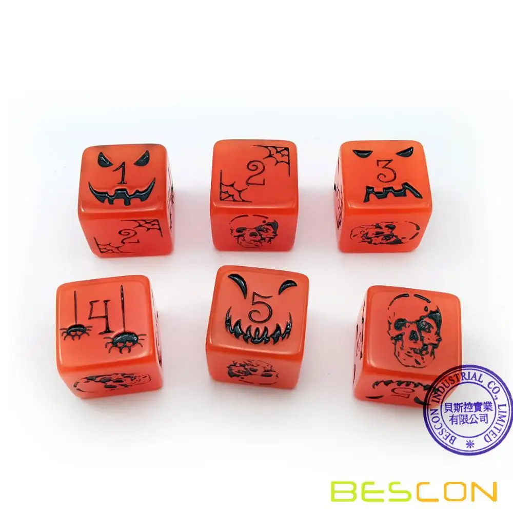Set of 6 Bescon Luminous Halloween Dice 6 Sides, Glow in Dark 6 Sided Halloween Dice Set in Velvet Pouch 5