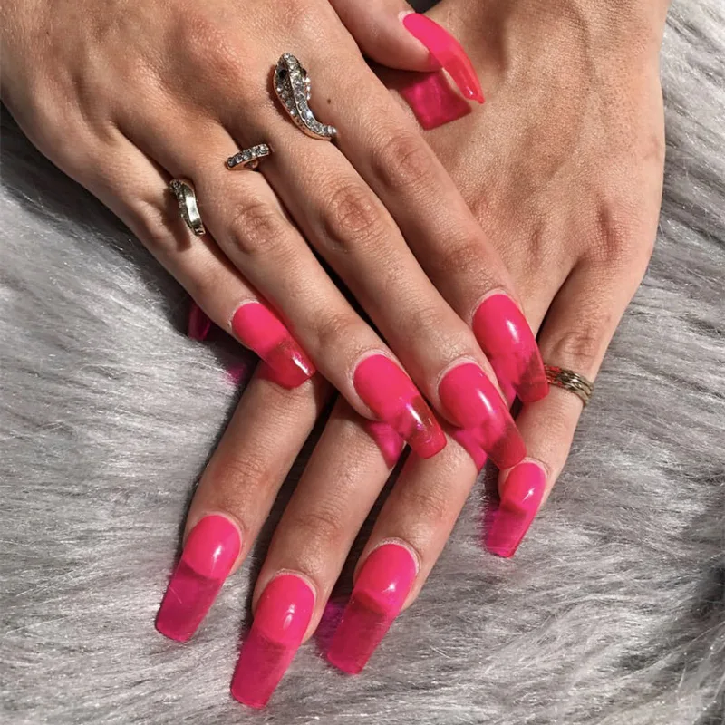 

24Pcs/set Jelly Nails Jellies Glass Candy Nails Summer Attribute Translucent Neon Color UV Nail Fake Nails