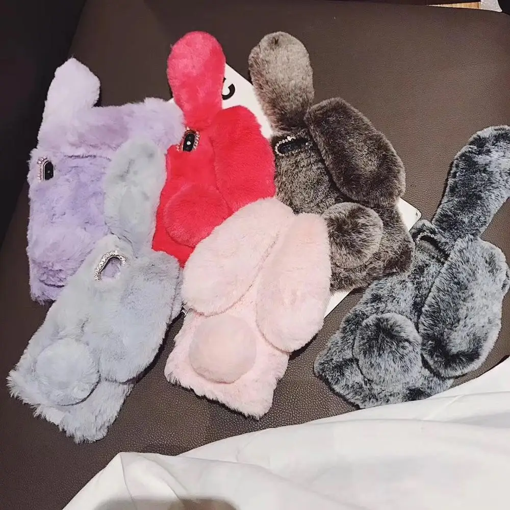 

Cartoon 3d Rabbit Furry Doll back Case for iphone XS MAX XR X 10 6 6S 7 8 Plus kawaii toy gift warm designer fur back Cover