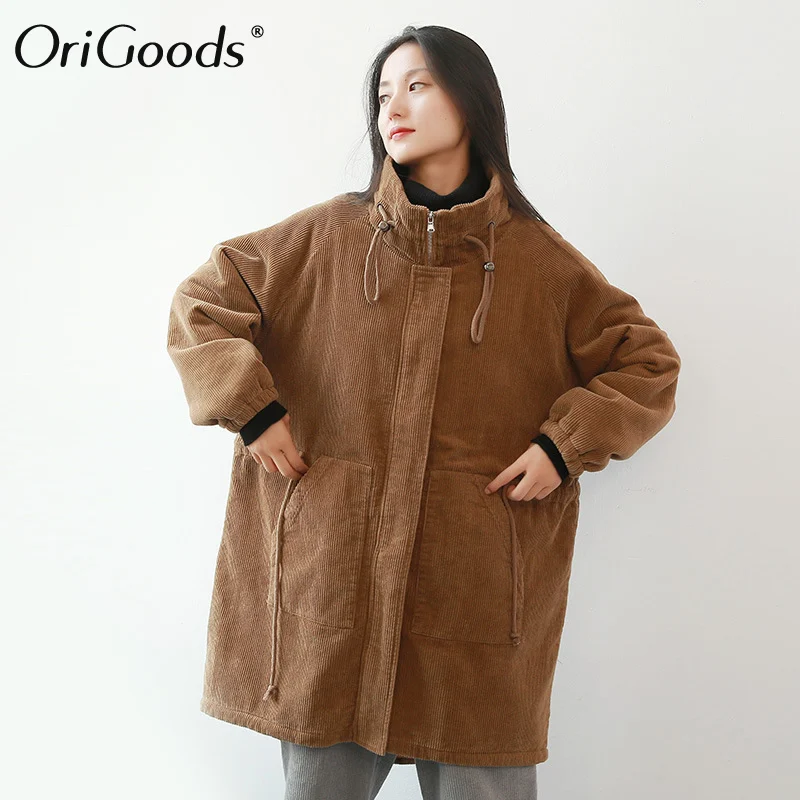 

OriGoods Corduroy Flocked Winter Coat Women Plus size Parka Coat Turtleneck Fleece Thick Warm Coat Outwear Vintage Coats H072