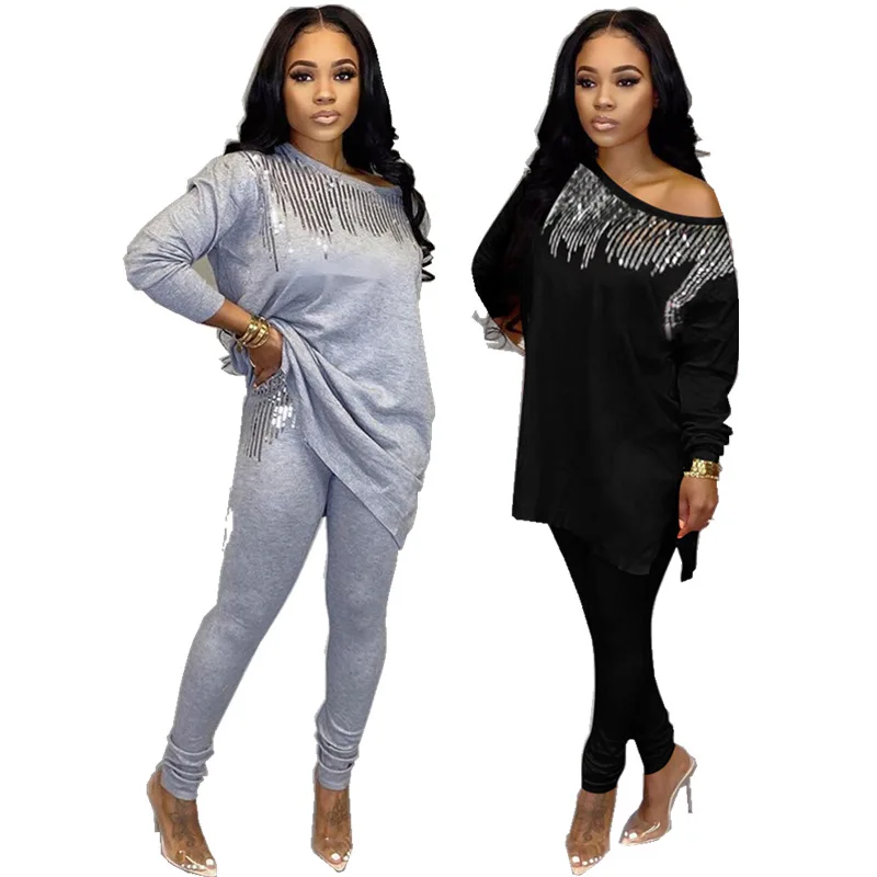 

2020 Africa Women Winter Handmade Sequined Pattern Long Sleeve Pullover Tops Trousers 2PCS Clothing Sets