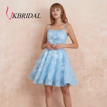 VKBRIDAL кружевные выпускные платься с бисером Короткие Спагетти ремни синий Vestidos de Graduacion с ремешками сзади