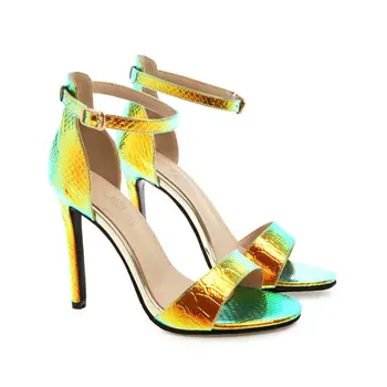 

Embossed Color Faux Leather Female Round Toe Thin Teel Fashion Party Women Sandals Summer 2020 Blue. Pink. Gold 34-43